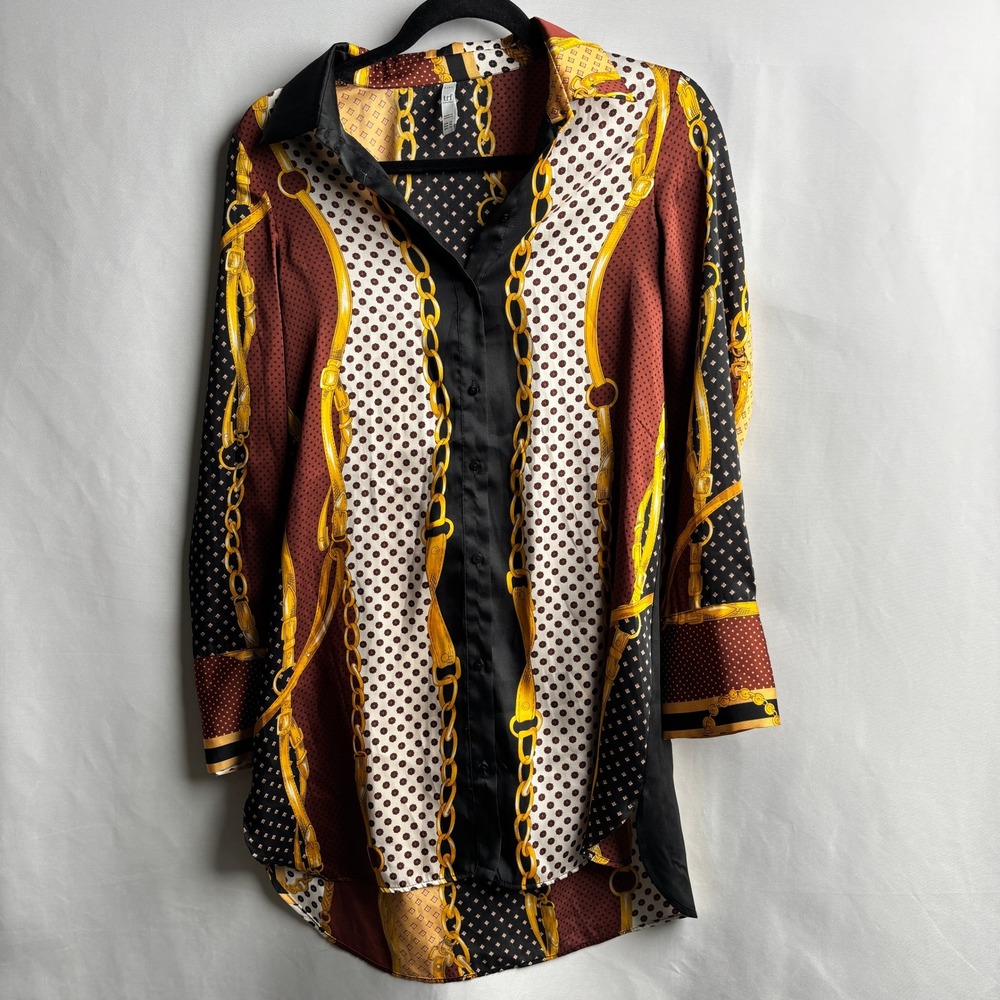 Zara TRF Chain Print Button Up Tunic XS Black Gold Mob Wife Equestrian Glam Top
